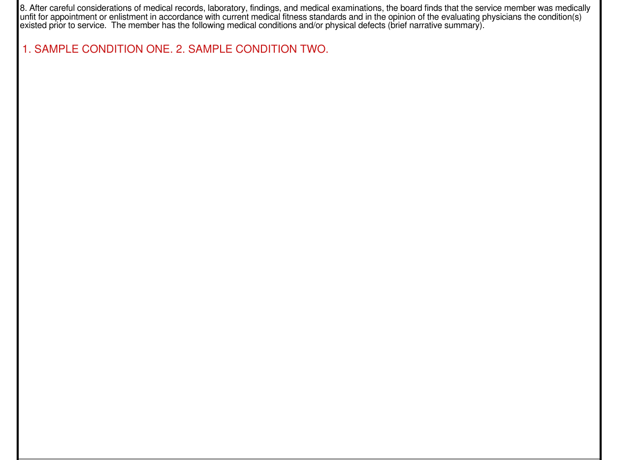 DA Form 4707 example filled out, box 8: findings by the evaluating physicians