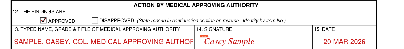 DA Form 4707 example filled out, boxes 12 to 15: action by medical approving authority