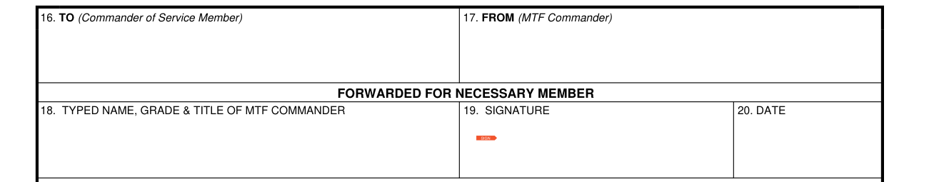 DA Form 4707 example filled out, boxes 16 to 20: MTF Commander