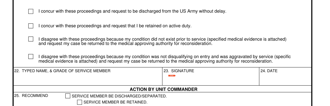 DA Form 4707 example filled out, boxes 21 to 24: Action by Service Member