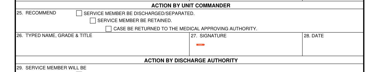 DA Form 4707 example filled out, boxes 25 to 28: action by unit commander