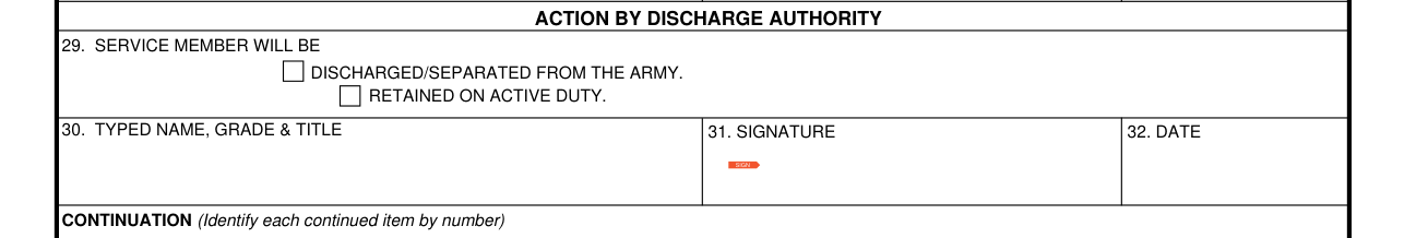 DA Form 4707 example filled out, boxes 29 to 32: action by discharge authority