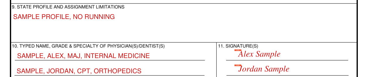DA Form 4707 example filled out, boxes 9, 10 and 11: profile, physicians and signatures