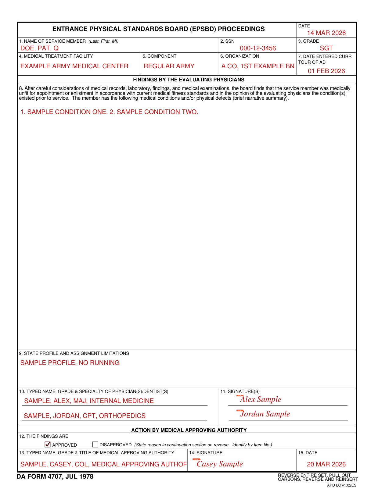 DA Form 4707 example filled out, example: a sergeant's entrance physical board