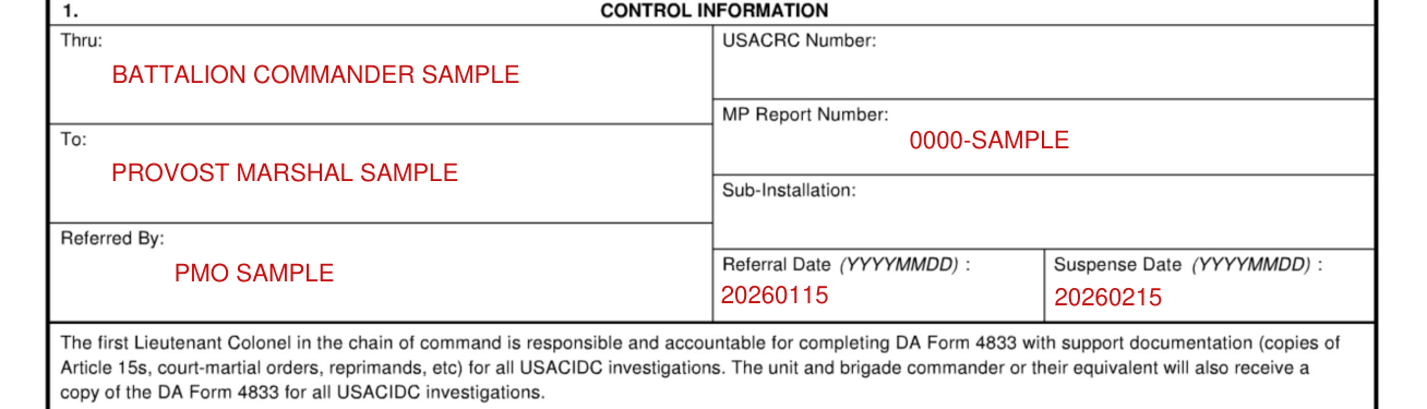 DA Form 4833 example filled out, control information