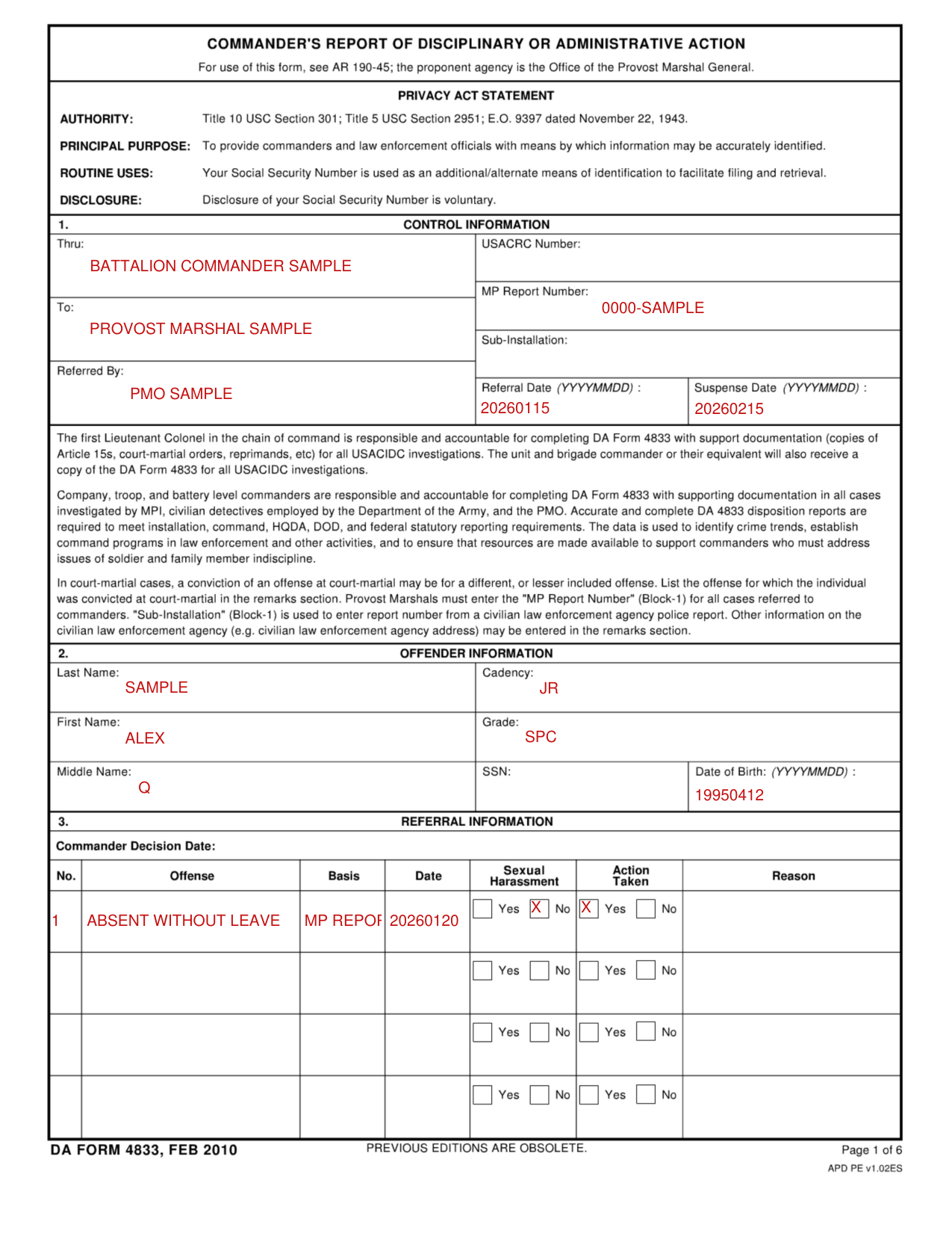 DA Form 4833 example filled out, example: a company commander reports one offense