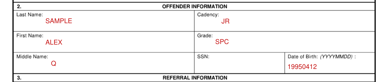 DA Form 4833 example filled out, offender information