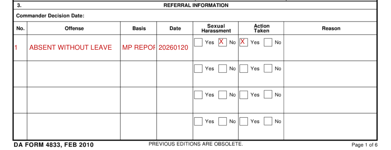 DA Form 4833 example filled out, referral information