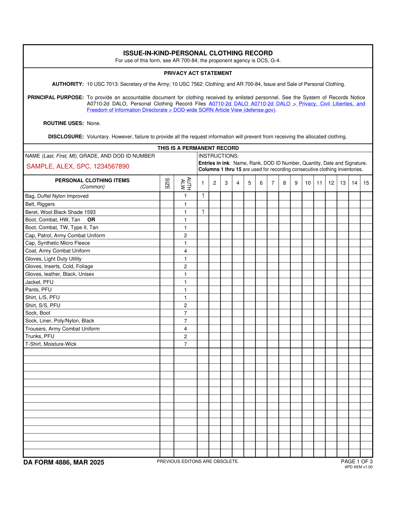 DA Form 4886 example filled out, example: a soldier records a first issue