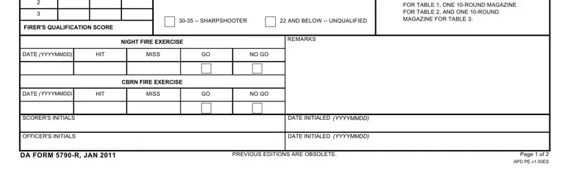 da form 5790 r FIRERS QUALIFICATION SCORE, SHARPSHOOTER, AND BELOW  UNQUALIFIED, DATE, YYYYMMDD, HIT, MISS, NO GO, NIGHT FIRE EXERCISE, REMARKS, DATE, YYYYMMDD, HIT, MISS, and NO GO fields to complete