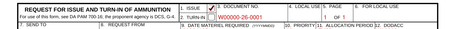 DA Form 581 example filled out, 1. Issue and 2. Turn-in