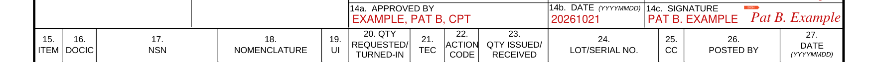 DA Form 581 example filled out, 14a. Approved by, 14b. Date and 14c. Signature