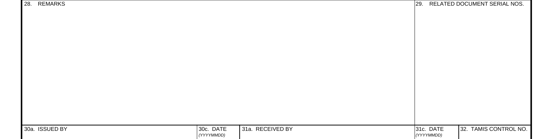 DA Form 581 example filled out, 28. Remarks and 29. Related document serial nos.