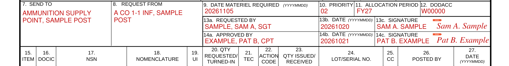 DA Form 581 example filled out, 7. Send to, 8. Request from and 9. Date materiel required