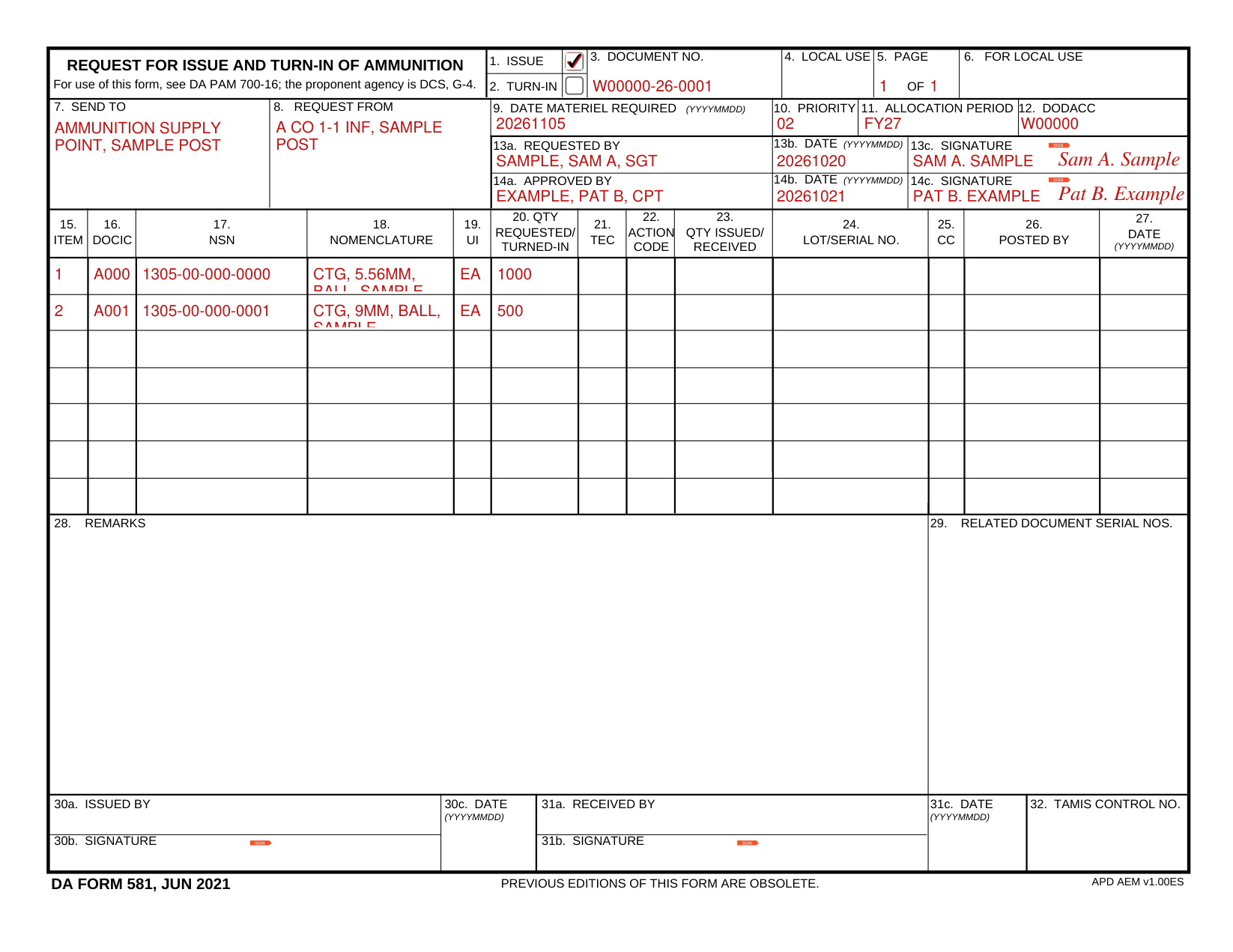 DA Form 581 example filled out, example: a sergeant requests an issue of ammunition