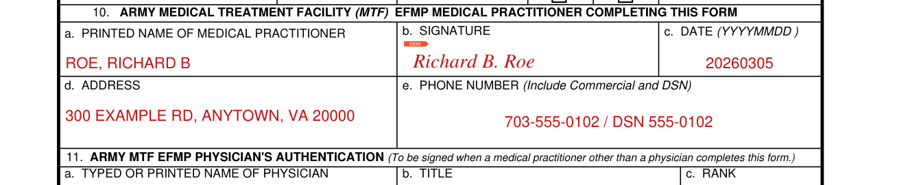 DA Form 5888 example filled out, box 10: Army Medical Treatment Facility EFMP Medical Practitioner