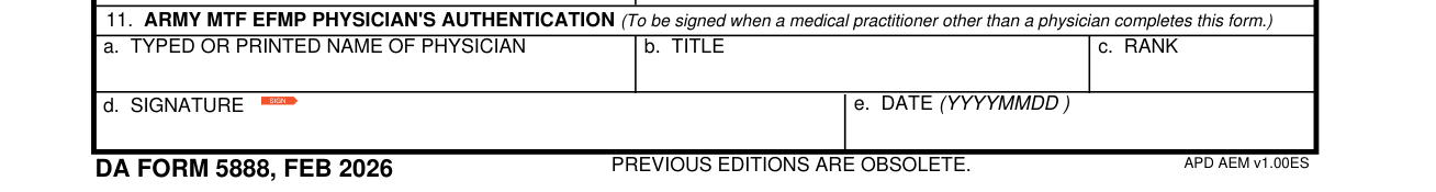DA Form 5888 example filled out, box 11: Army MTF EFMP Physician's Authentication