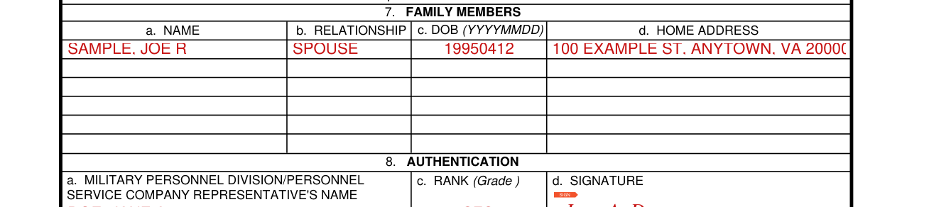 DA Form 5888 example filled out, box 7: Family Members