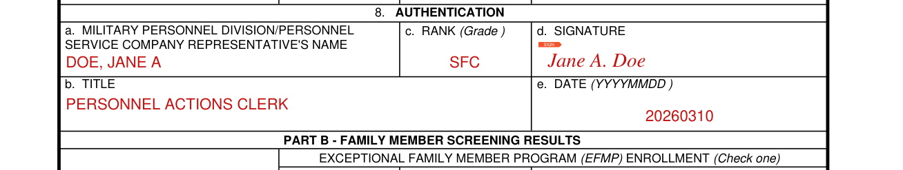 DA Form 5888 example filled out, box 8: Authentication