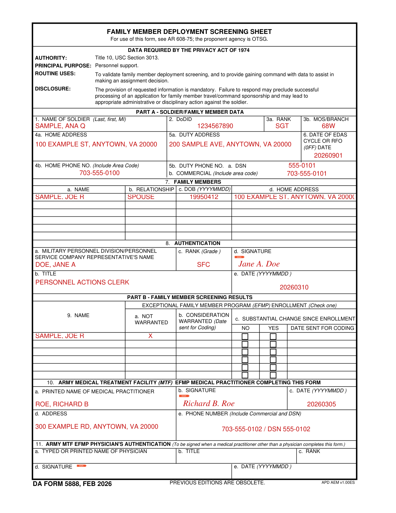 DA Form 5888 example filled out, example: a sergeant lists one family member