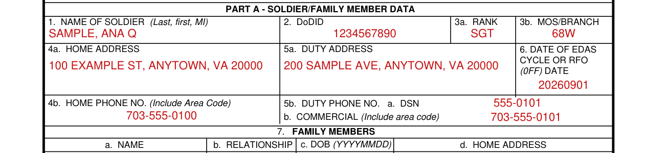 DA Form 5888 example filled out, part A: Soldier/Family Member Data