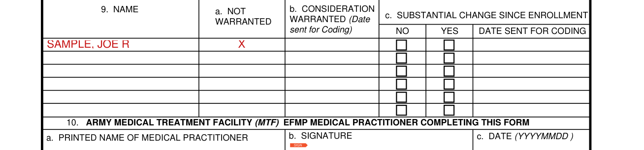 DA Form 5888 example filled out, part B: Family Member Screening Results