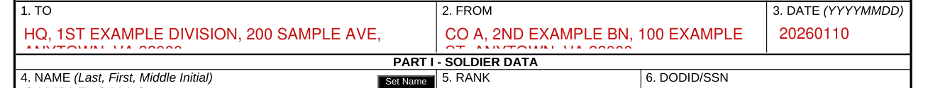 DA Form 638 example filled out, boxes 1 to 3, To, From and Date