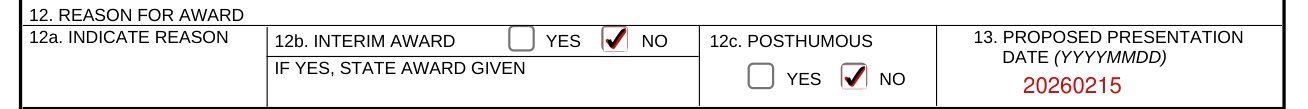 DA Form 638 example filled out, boxes 12 and 13: Reason for Award, Interim Award, Posthumous and Proposed Presentation Date