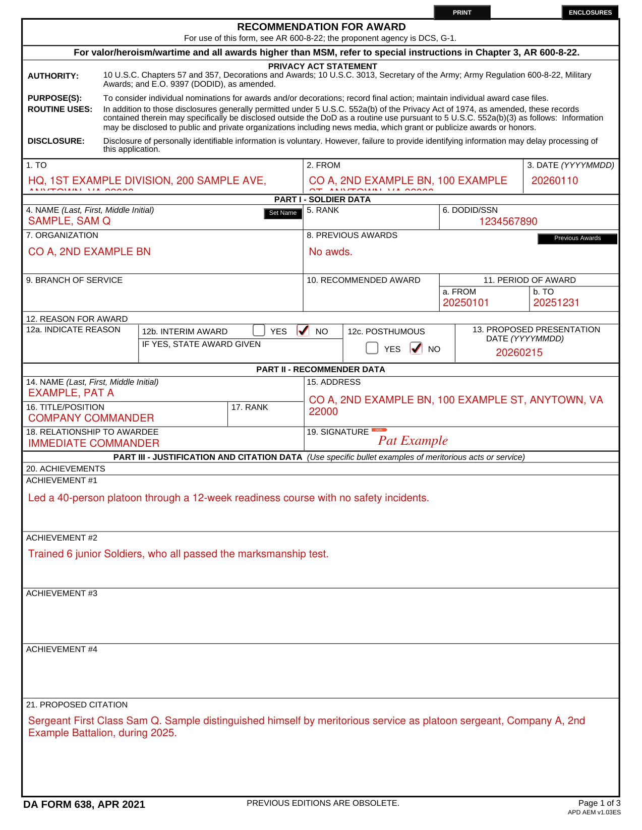 DA Form 638 example filled out, example: a commander recommends a Soldier for an Army Achievement Medal