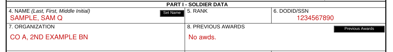 DA Form 638 example filled out, part I, Soldier Data, Boxes 4 to 8: Name, Rank, DODID/SSN, Organization and Previous Awards