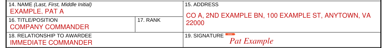 DA Form 638 example filled out, part II, Recommender Data, Boxes 14 to 19