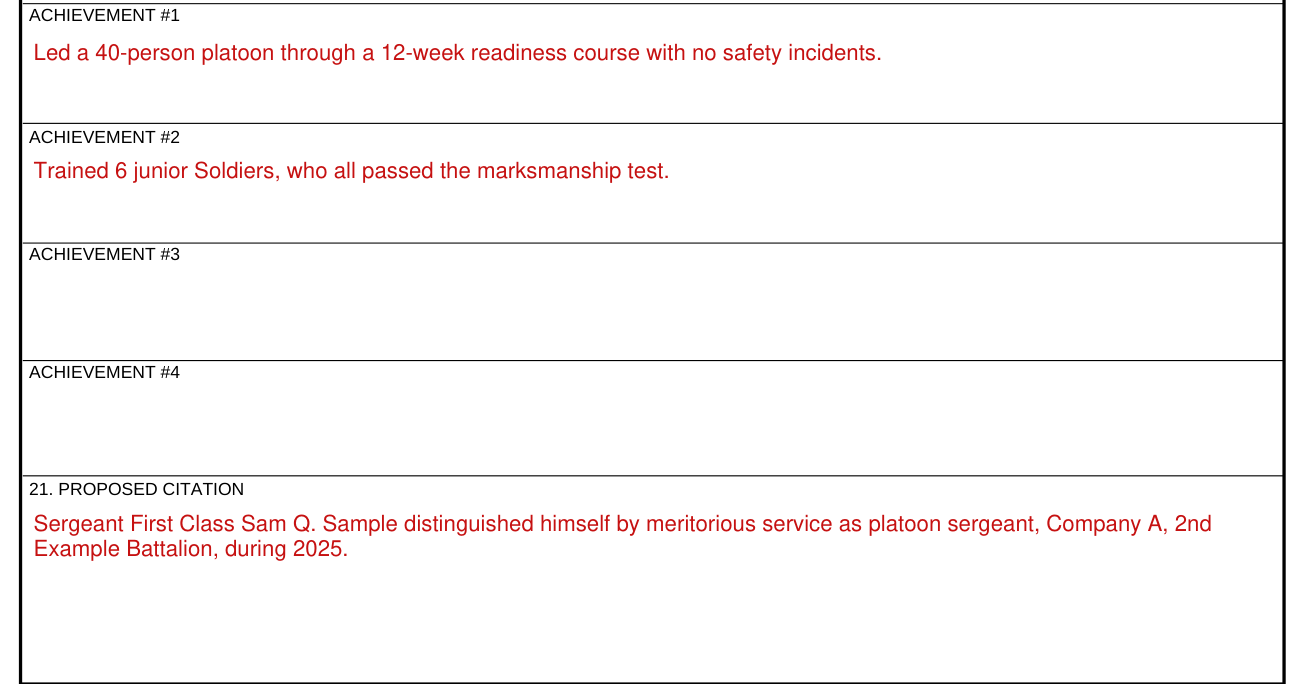 DA Form 638 example filled out, part III, Justification and Citation Data, Boxes 20 and 21