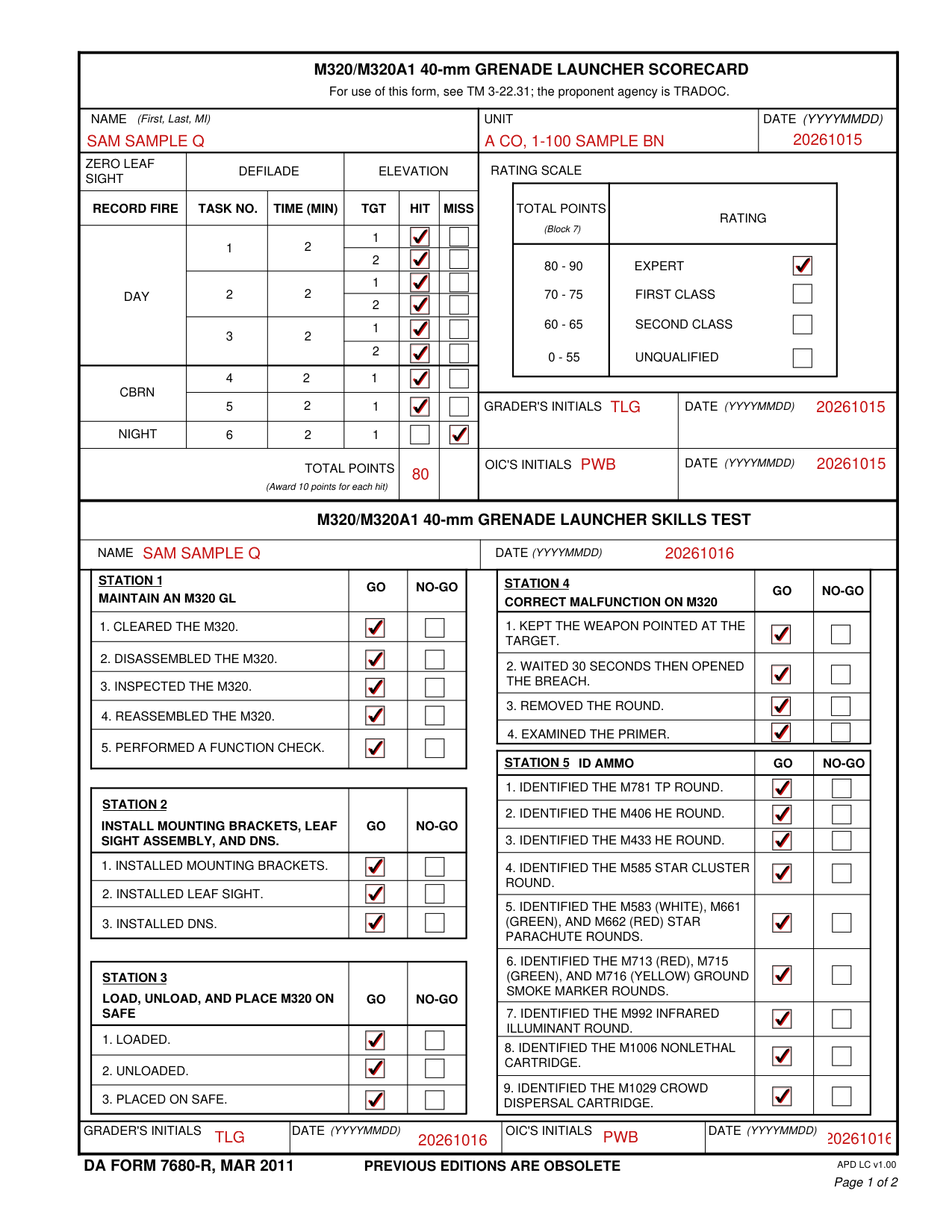 DA Form 7680-R example filled out, example: a grenadier fills out the scorecard and the skills test