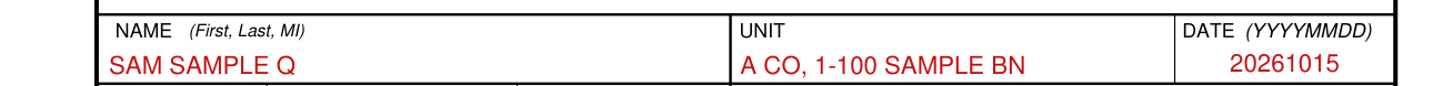 DA Form 7680-R example filled out, name, Unit and Date