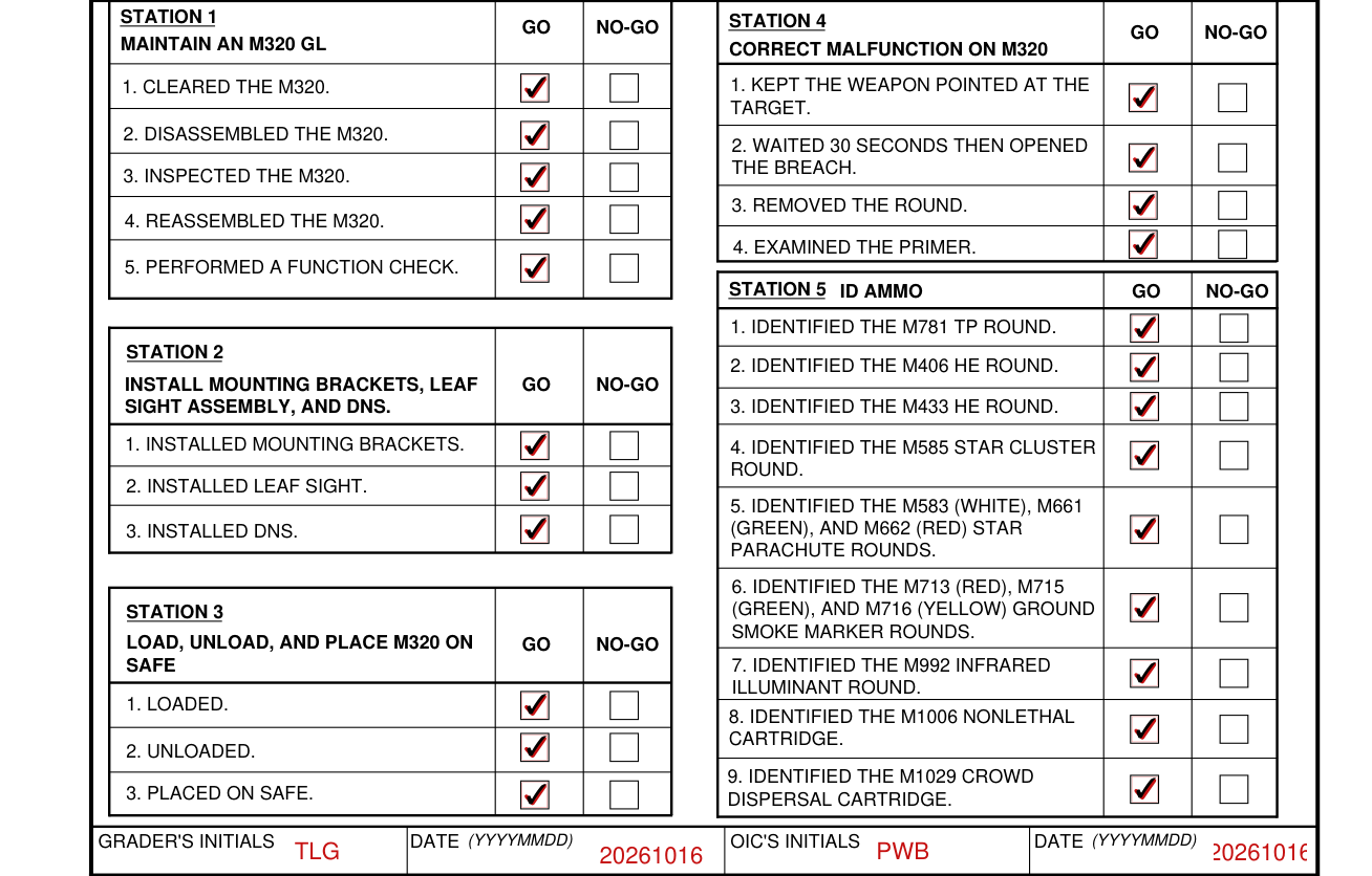 DA Form 7680-R example filled out, stations 1 to 5, Grader's Initials, OIC's Initials and Date
