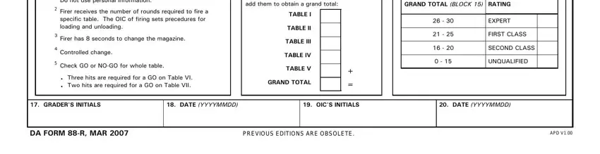 form pistol qualification Do not use personal information, Firer receives the number of, Firer has  seconds to change the, Controlled change, Check GO or NOGO for whole table, Enter total hits from Tables I, GRAND TOTAL BLOCK, RATING, TABLE I, TABLE II, TABLE III, TABLE IV, TABLE V, GRAND TOTAL, and EXPERT fields to fill out