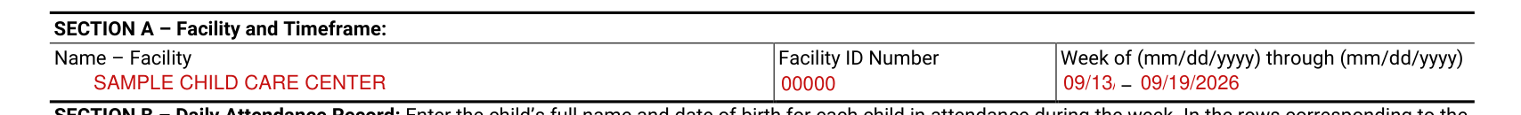 Form DCF-F-2438 example filled out, facility and Timeframe