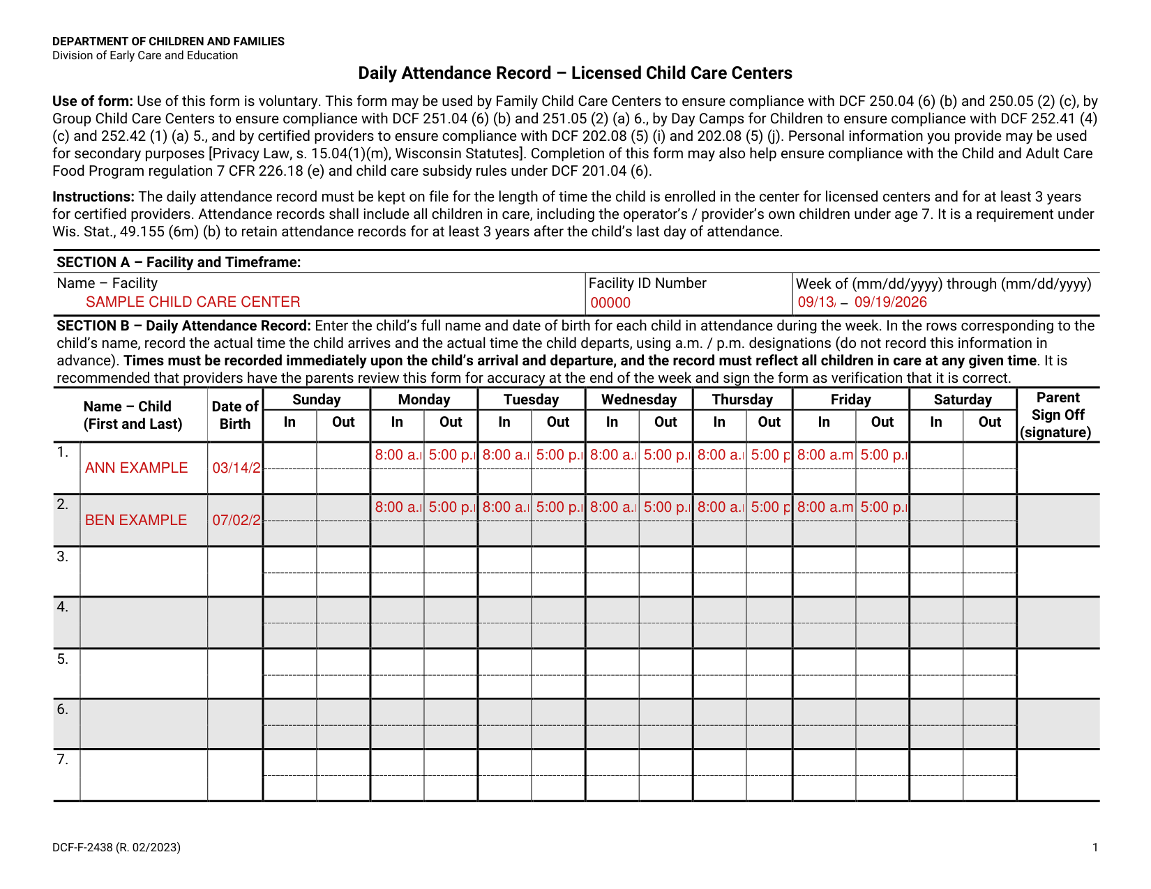 Form DCF-F-2438 example filled out, example: a week of attendance for two children