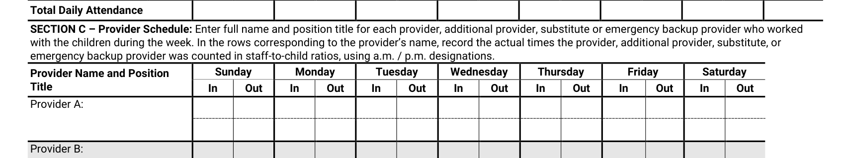 Form DCF-F-2438 example filled out, provider Schedule