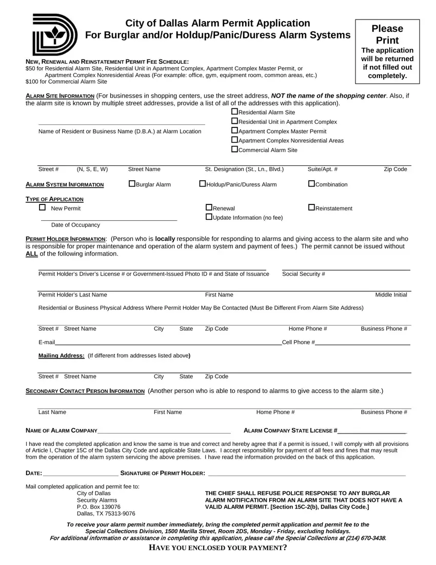 Dallas Alarm Permit Application first page preview