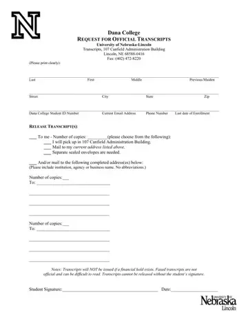 Dana College Transcript Form Preview
