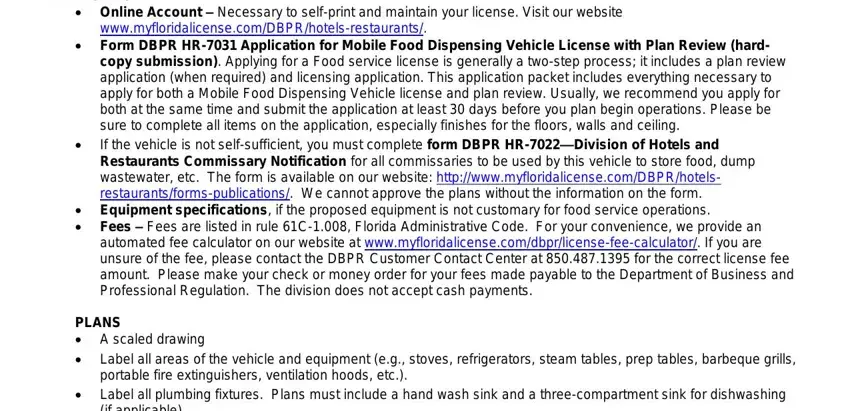 dbpr hr 7031 form APPLICATION, Online Account  Necessary to, Form DBPR HR Application for, copy submission Applying for a, Equipment specifications if the, PLANS  A scaled drawing  Label all, portable fire extinguishers, Label all plumbing fixtures Plans, and if applicable Indicate size and fields to insert