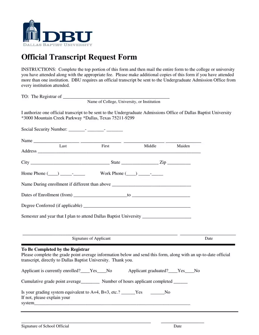 Dbu Transcript Request Form first page preview
