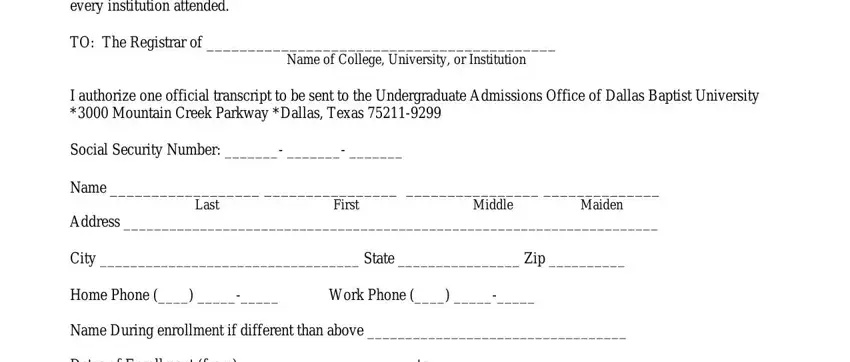 filling in dallas baptist university transcript request step 1