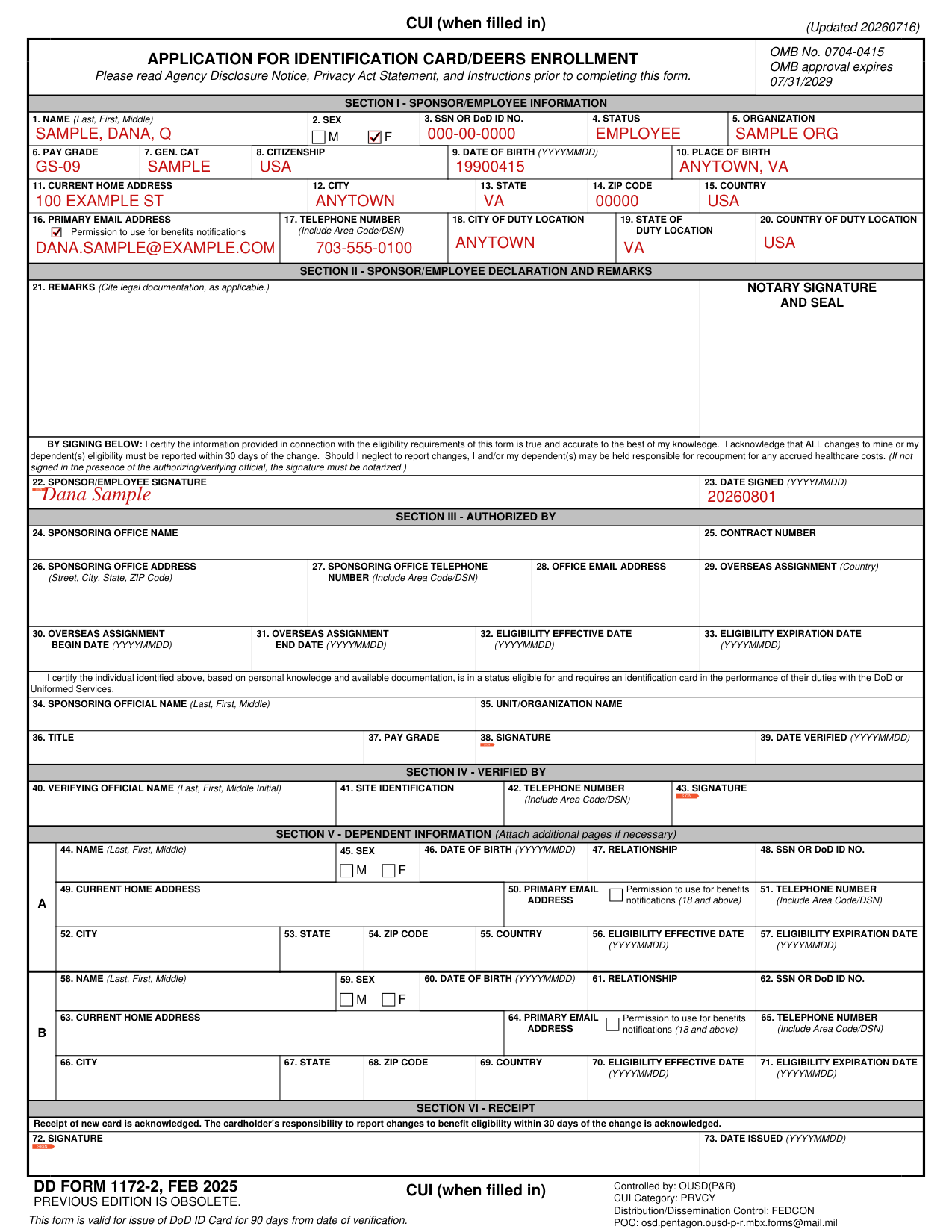 DD Form 1172-2 example filled out, example: a sponsor fills out Sections I and II