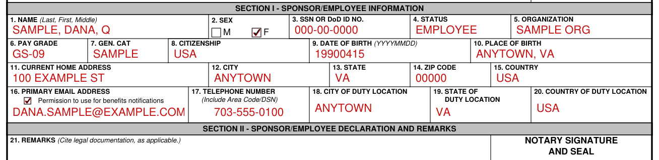 DD Form 1172-2 example filled out, section I - Sponsor/Employee Information