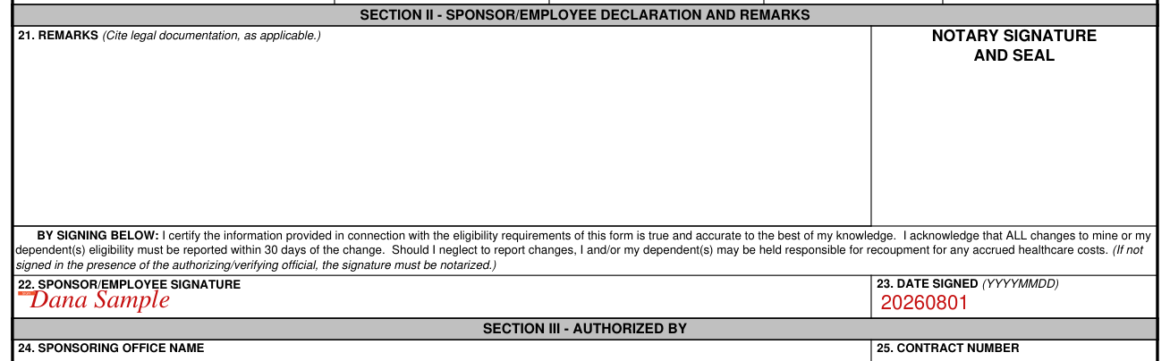 DD Form 1172-2 example filled out, section II - Sponsor/Employee Declaration and Remarks