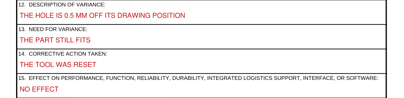 Form DD 1694 example filled out, boxes 12 to 15, the description of the variance
