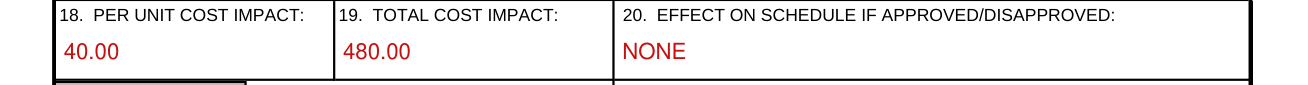 Form DD 1694 example filled out, boxes 18 to 20, the cost and schedule impact