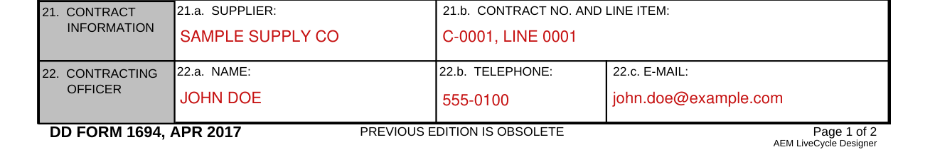 Form DD 1694 example filled out, boxes 21 and 22, the contract and the contracting officer